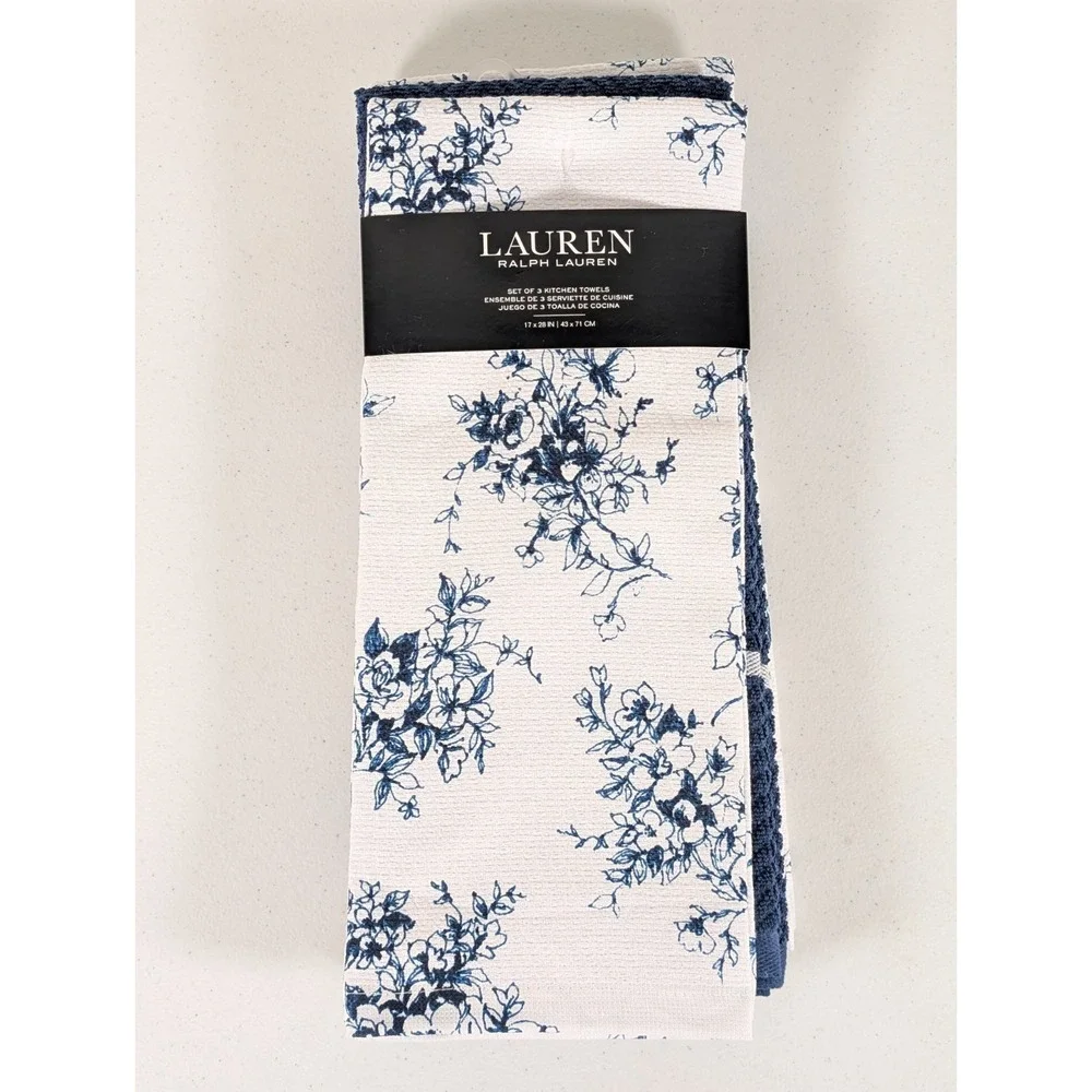 Lauren Ralph Lauren Kitchen Towels Set of 3 Blue Floral Stripe Indigo Cotton NWT